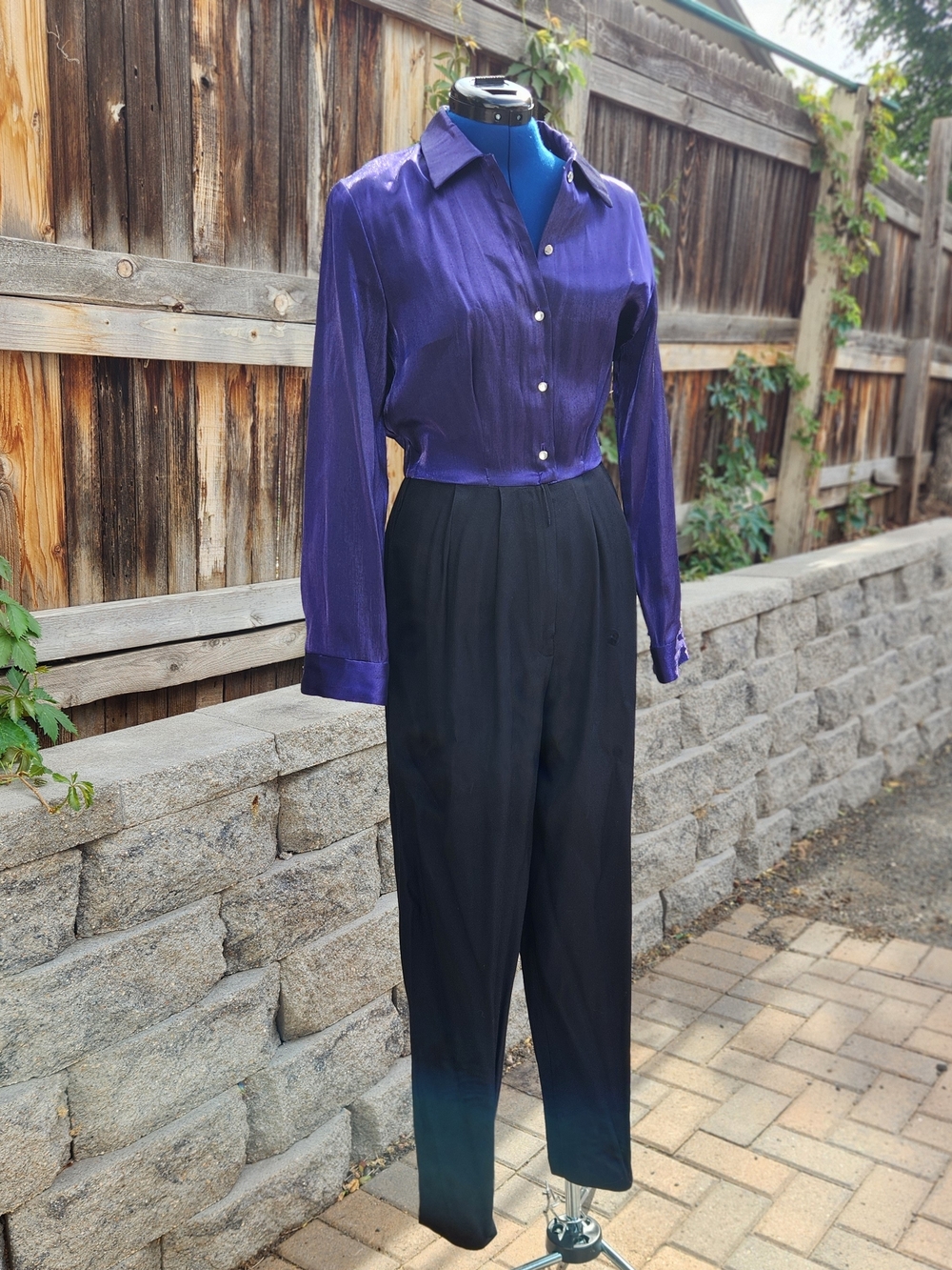 Vintage 80s/90s Satin Jumpsuit Sz 10 — Purple Blouse Top Black Wide Leg Pants